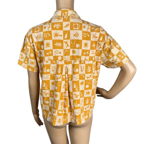 Madewell Orange Beige Checker Tropical Print Linen Blend Button Down Shirt SZ XS - Picture 7 of 9